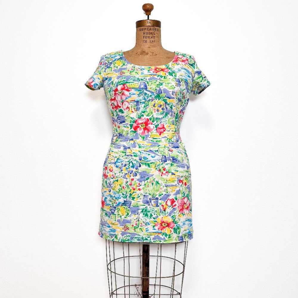 Vintage 90s Jonathan Martin Floral Short Sleeve Cotton Mini Dress Size 7 Small